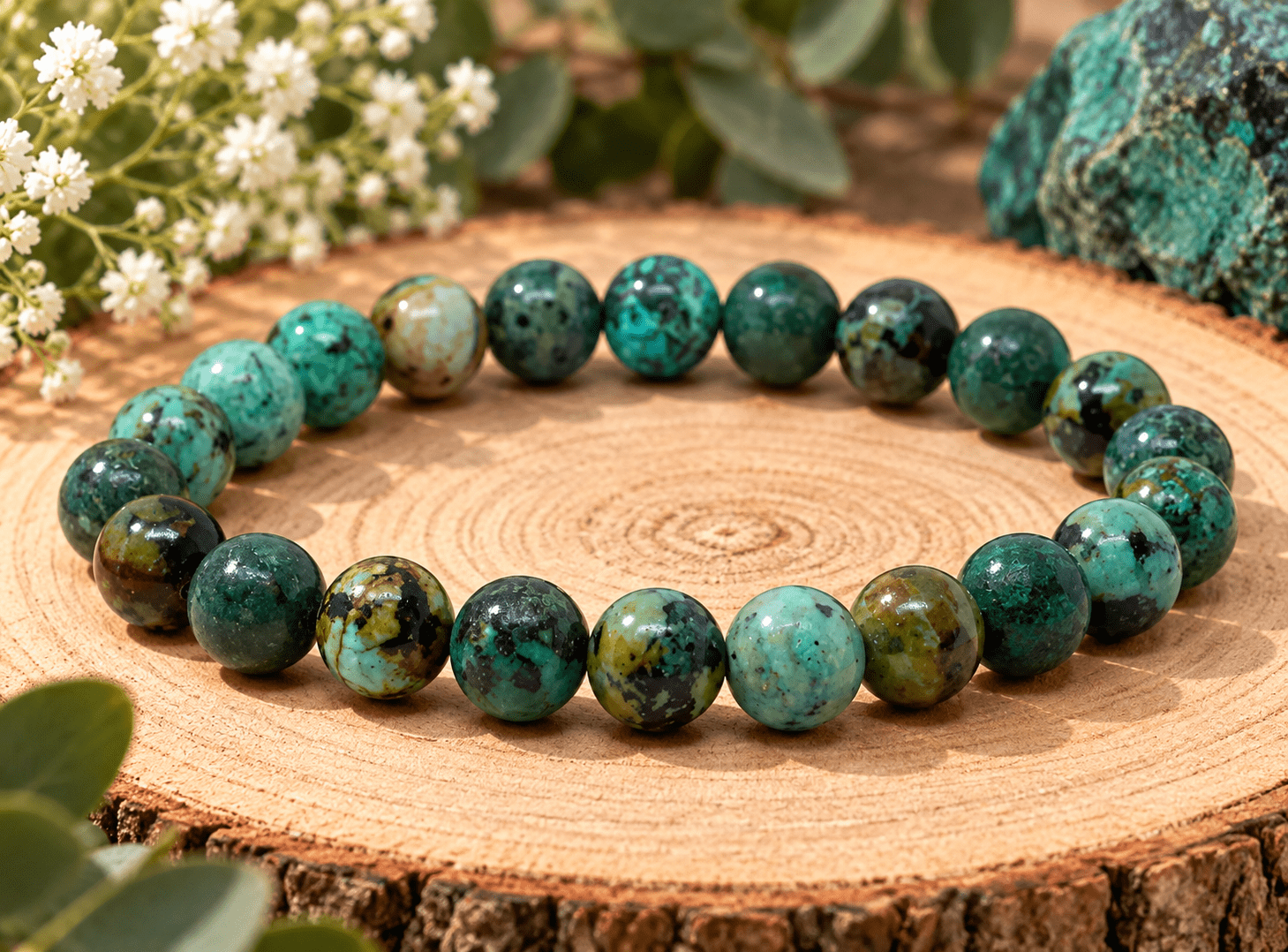 Bracelet en pierres naturelles vertes et turquoise aux nuances brunes et noires, présenté sur une tranche de bois dans un décor végétal naturel.