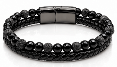 BRACELET ASKA CUIR NOIR PIERRE DE LAVE, SHUNGITE A