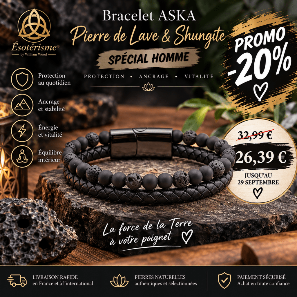 BRACELET ASKA CUIR NOIR PIERRE DE LAVE, SHUNGITE A