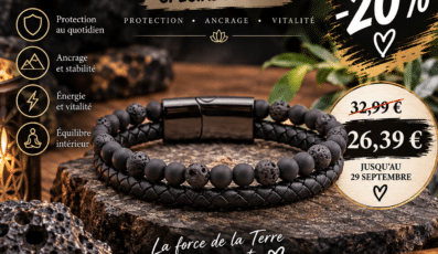 BRACELET ASKA CUIR NOIR PIERRE DE LAVE, SHUNGITE A