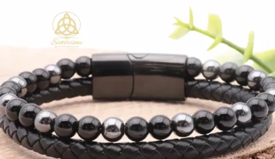 Bracelet Aska cuir noir hématite, onyx A