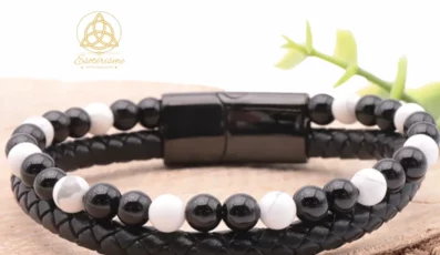 Bracelet Aska cuir noir howlite blanche, onyx A