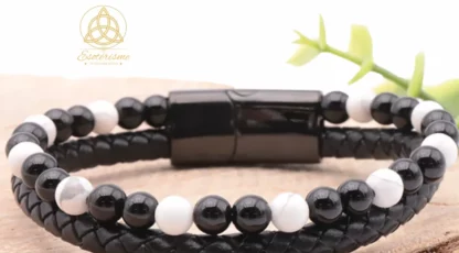 Bracelet Aska cuir noir howlite blanche, onyx A