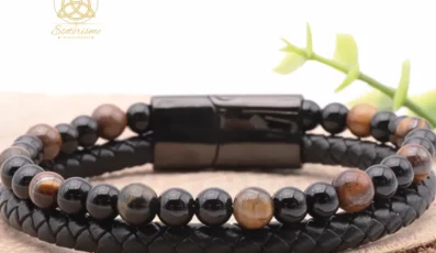 Bracelet Aska cuir noir oeil de tigre, onyx A