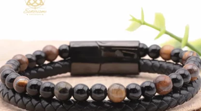 Bracelet Aska cuir noir oeil de tigre, onyx A