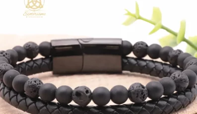 BRACELET ASKA CUIR NOIR PIERRE DE LAVE, SHUNGITE A