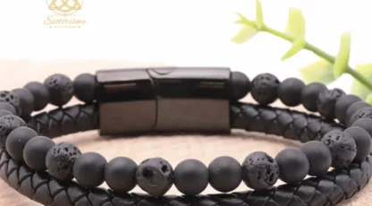 BRACELET ASKA CUIR NOIR PIERRE DE LAVE, SHUNGITE A