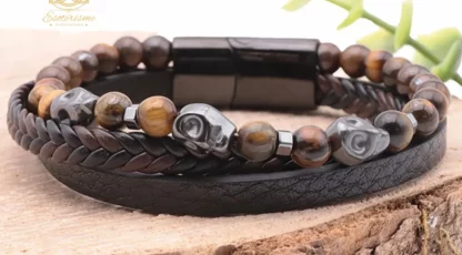 BRACELET NOXIS CUIR NOIR OEIL DE TIGRE A