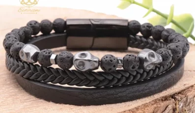 Bracelet Noxis cuir noir pierre de lave A