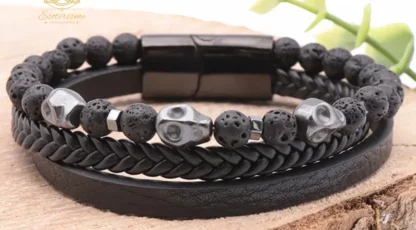 Bracelet Noxis cuir noir pierre de lave A