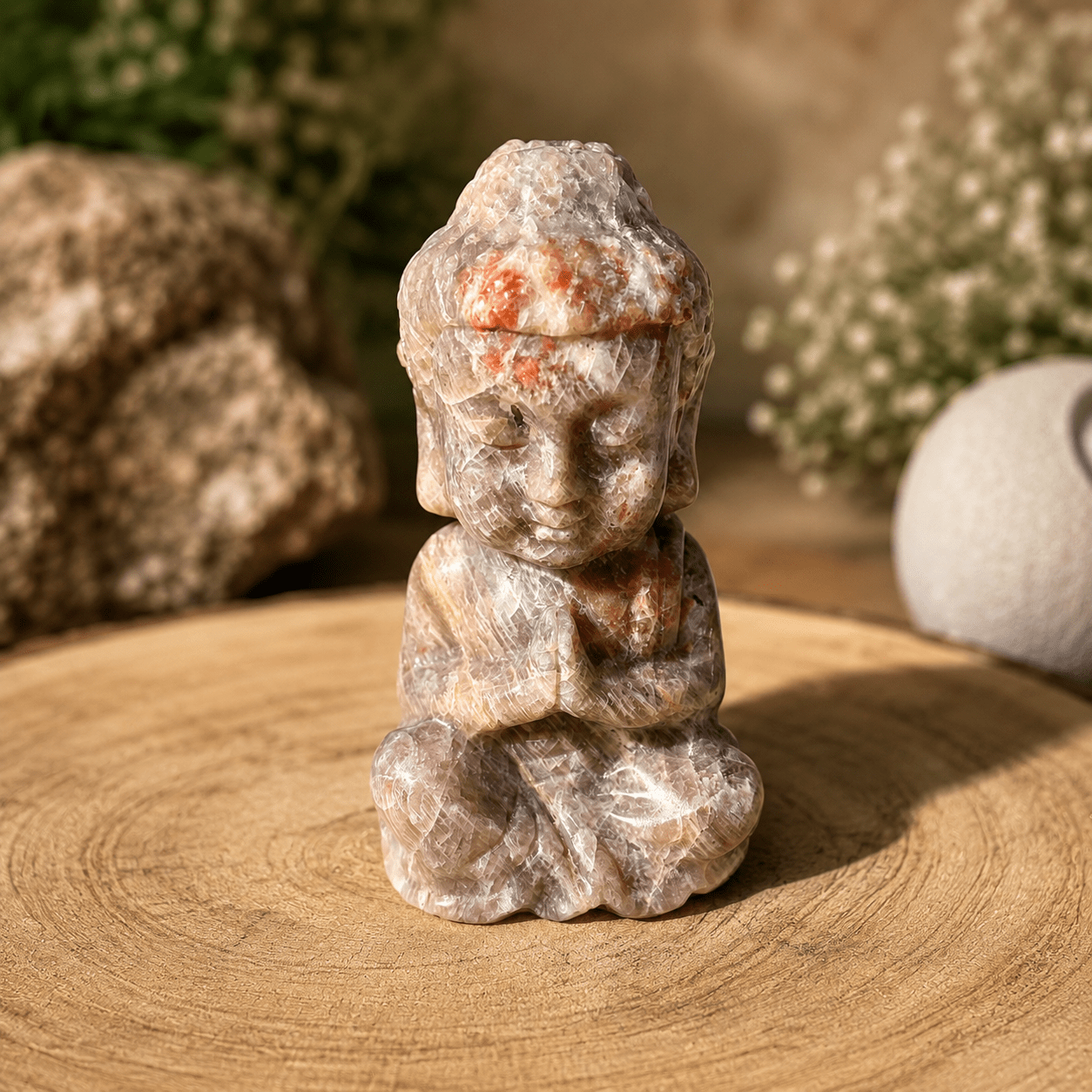 Bouddha en Pierre de Lune et Pierre de Soleil naturelle – lithothérapie