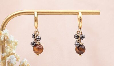 Boucles d&rsquo;Oreilles Ornel Dorée Hématite et œil de tigre