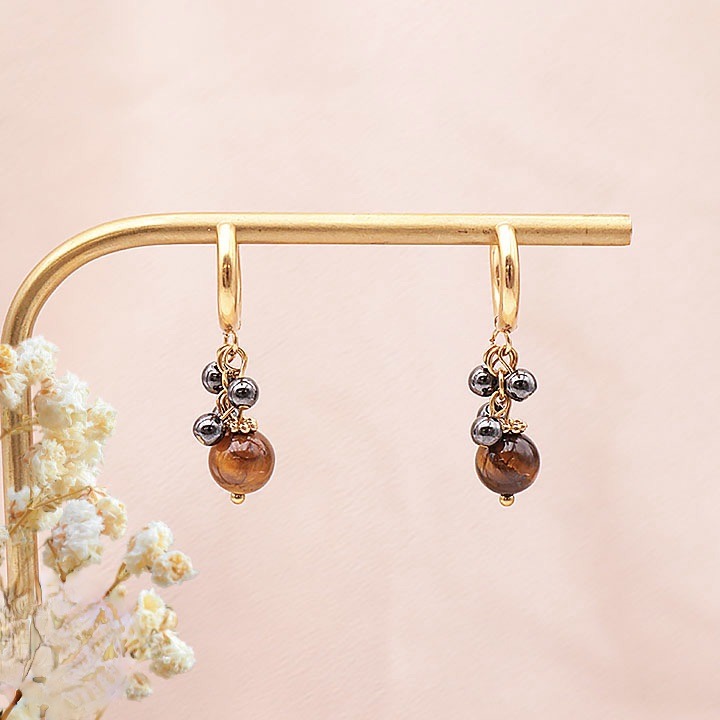 Boucles d'Oreilles Ornel Dorée Hématite et œil de tigre
