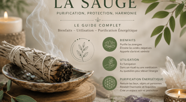 Guide complet de la sauge blanche : fagot de sauge fumant pour la purification énergétique, l’harmonisation des énergies, la protection spirituelle et le nettoyage des lieux en lithothérapie et ésotérisme.