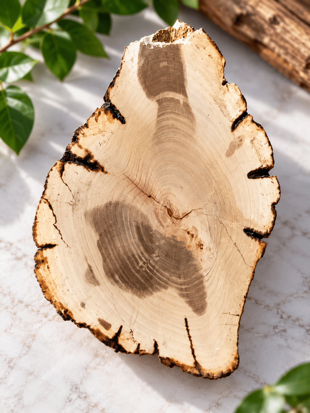 Bois fossile poli aux nuances beige et brunes, avec cernes naturels et fissures sombres, présenté dans un décor végétal lumineux.