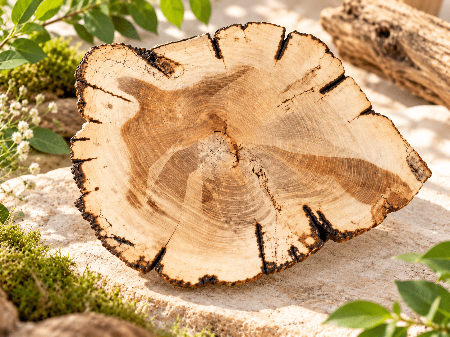 Tranche de bois fossile polie aux nuances beige et brunes, présentant des cernes naturels et des fissures sombres, mise en valeur dans un décor naturel avec bois, mousse et feuillage.