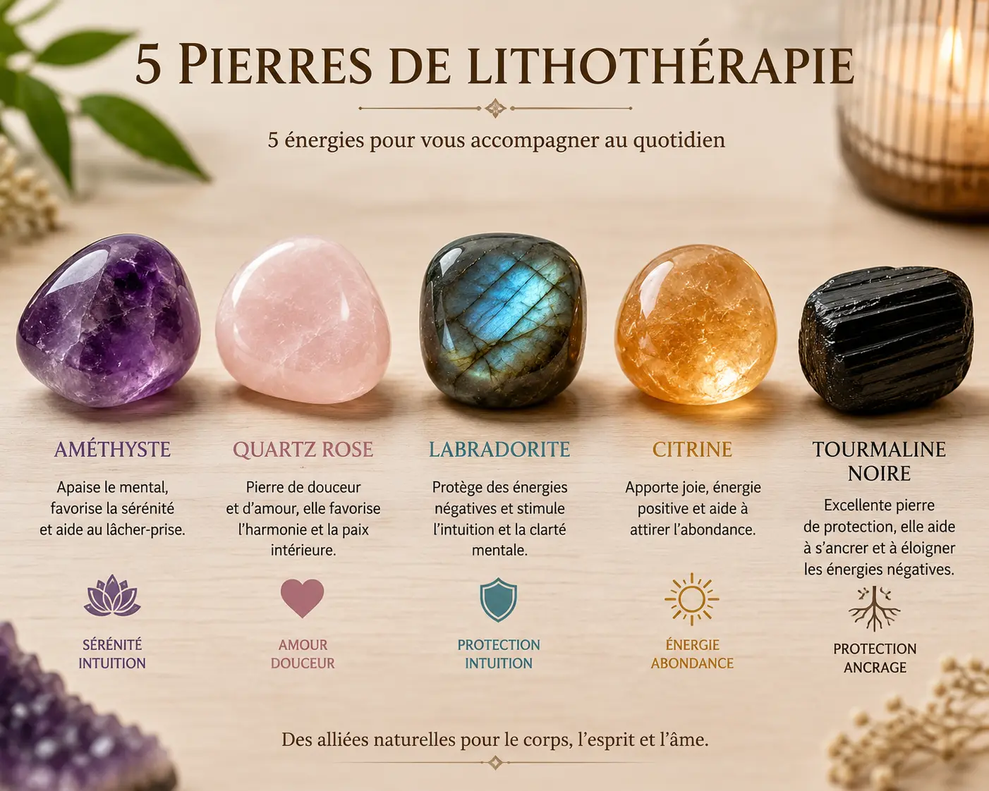 Affichage des 5 Pierres de lithothérapie: améthyste, quartz rose, labradorite, citrine et tourmaline noire alignées sur une surface clair; descriptions et bénéfices: sérénité, amour, protection, énergie et ancrage.