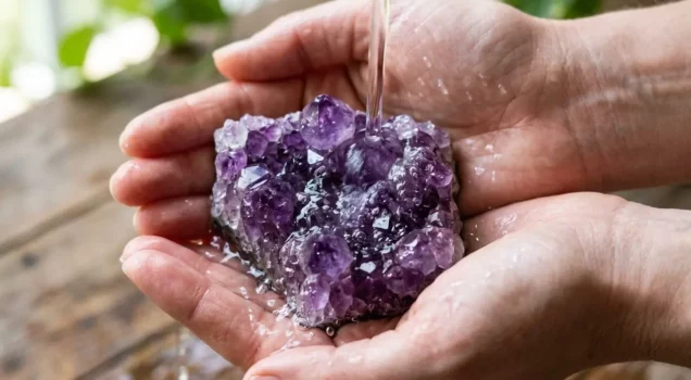 Pierres d’améthyste à rincer dans les mains sous l’eau, purifiant et préparant le nettoyage des pierres lithothérapie avec douceur.