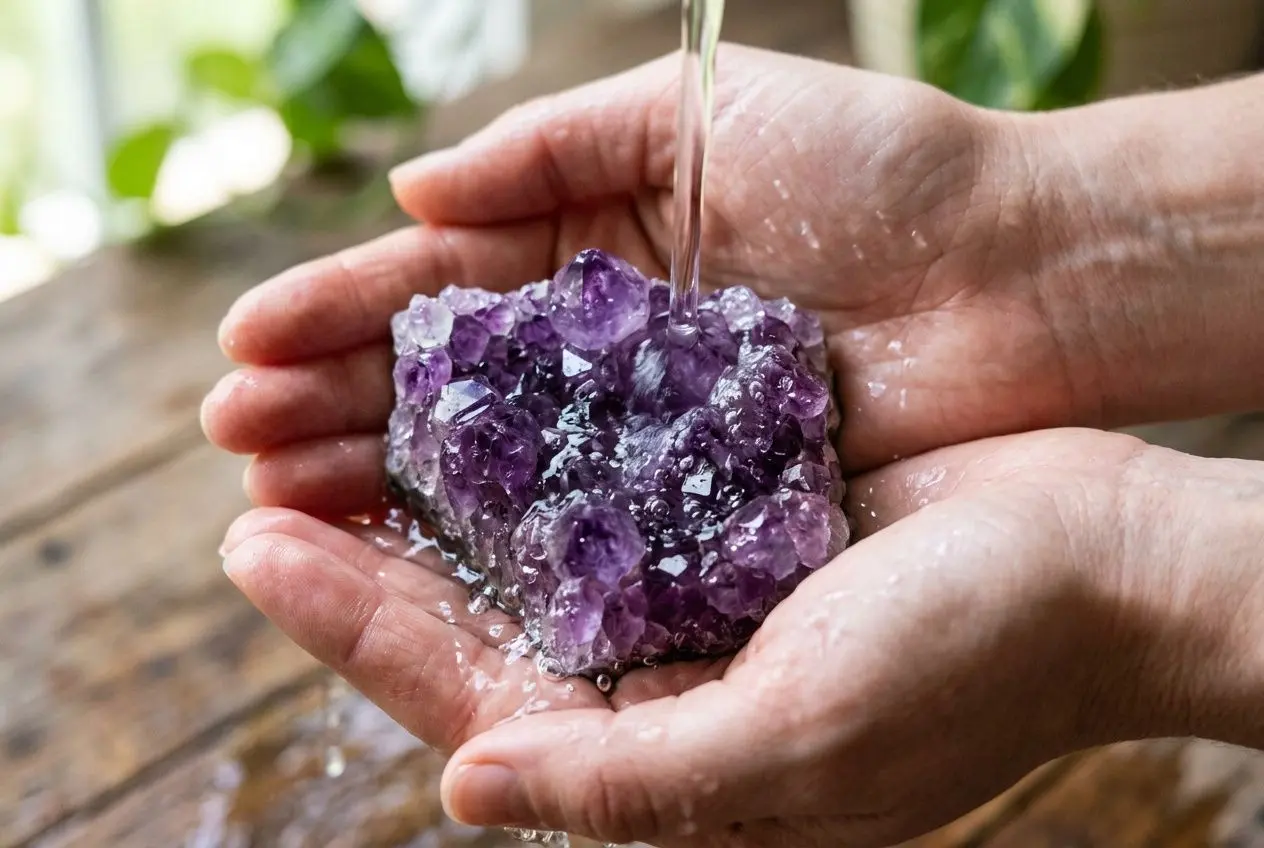 Pierres d’améthyste à rincer dans les mains sous l’eau, purifiant et préparant le nettoyage des pierres lithothérapie avec douceur.