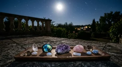 Plateau nocturne avec pierres et cristaux sous lune brillante, prêt à découvrir comment recharger ses pierres à la pleine lune.