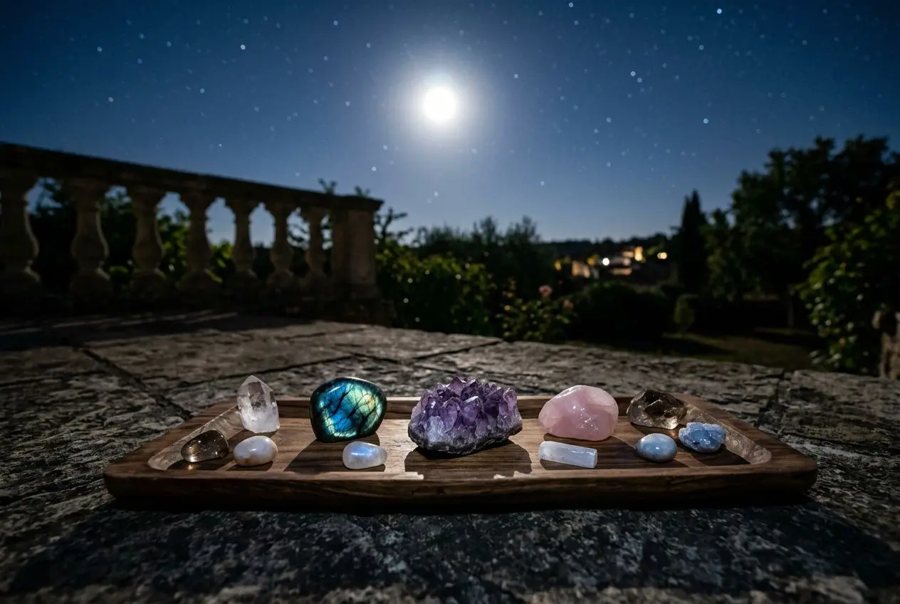 Plateau nocturne avec pierres et cristaux sous lune brillante, prêt à découvrir comment recharger ses pierres à la pleine lune.