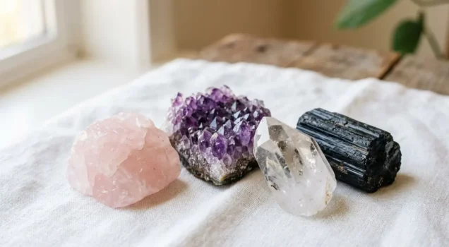 Quatre pierres et cristaux sur un textile blanc: quartz rose, améthyste, quartz clair et tourmaline noire, prêts pour lithothérapie. Incorporation naturelle du mot-clé: comment utiliser lithothérapie.