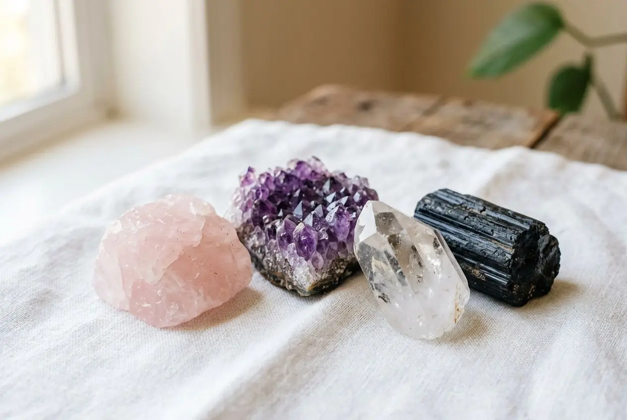 Quatre pierres et cristaux sur un textile blanc: quartz rose, améthyste, quartz clair et tourmaline noire, prêts pour lithothérapie. Incorporation naturelle du mot-clé: comment utiliser lithothérapie.
