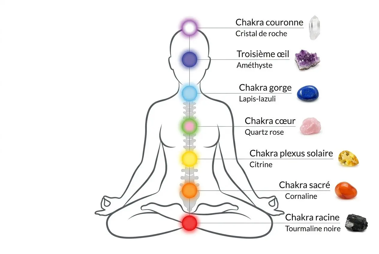 Schéma d’une silhouette de méditation avec les sept chakras alignés, chaque chakra associé à une pierre gemme et à des noms comme cristal de roche, améthyste et citrine. Inclut les couleurs correspondant à chaque chakra. Note: Intégration naturelle du mot-clé: comment nettoyer ses pierres lithothérapie.