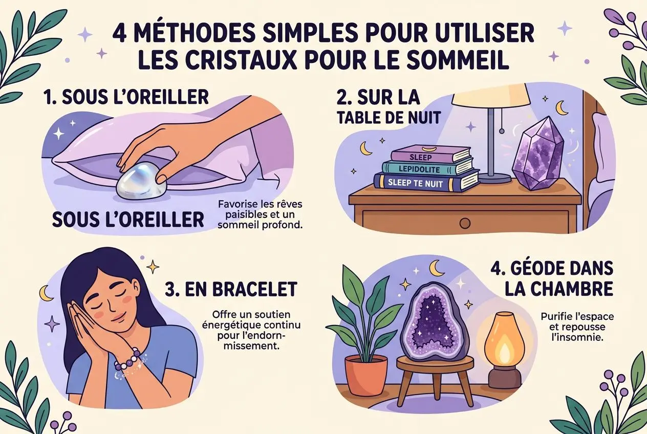 4 méthodes simples pour utiliser les cristaux pour le sommeil, lithothérapie et insomnie: oreiller, table de nuit, bracelet et géode dans la chambre.