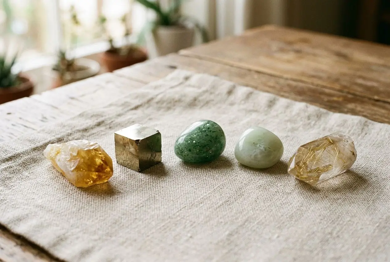 Les 5 pierres de la chance alignées sur un drap clair: citrine, pyrite, aventurine verte, jade de Chine et cristal de roche.