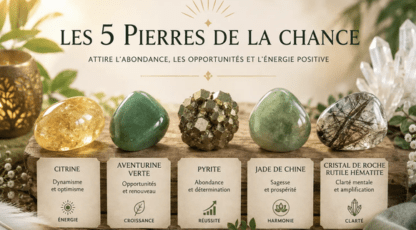Les 5 pierres de la chance : Citrine, Aventurine Verte, Pyrite, Jade de Chine et Cristal de Roche Rutile Hématite pour l'abondance et la réussite