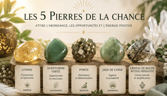Les 5 pierres de la chance : Citrine, Aventurine Verte, Pyrite, Jade de Chine et Cristal de Roche Rutile Hématite pour l'abondance et la réussite