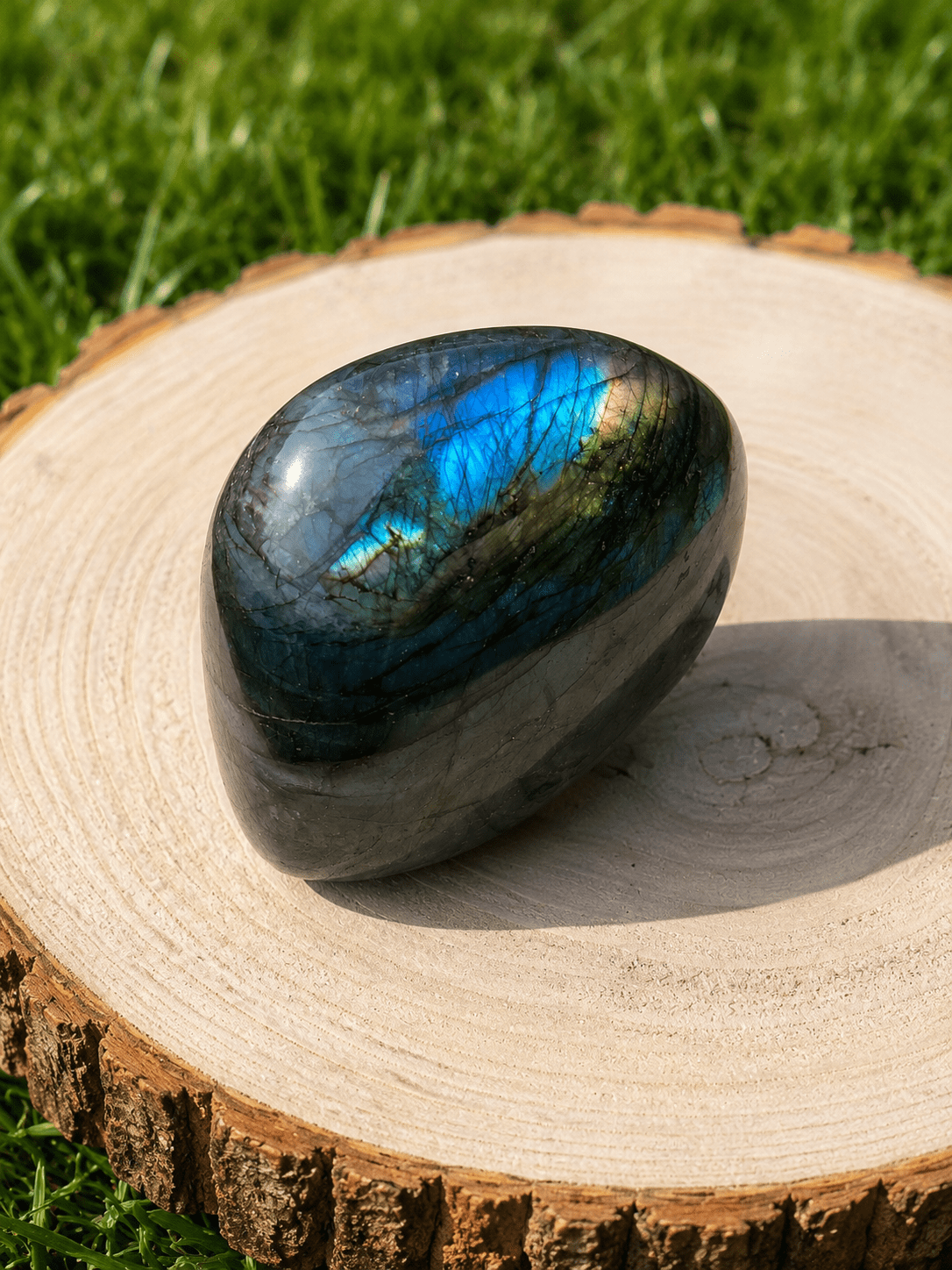 Forme libre en labradorite bleue naturelle de 600 g, aux magnifiques reflets bleus irisés, pierre de protection et d'intuition.