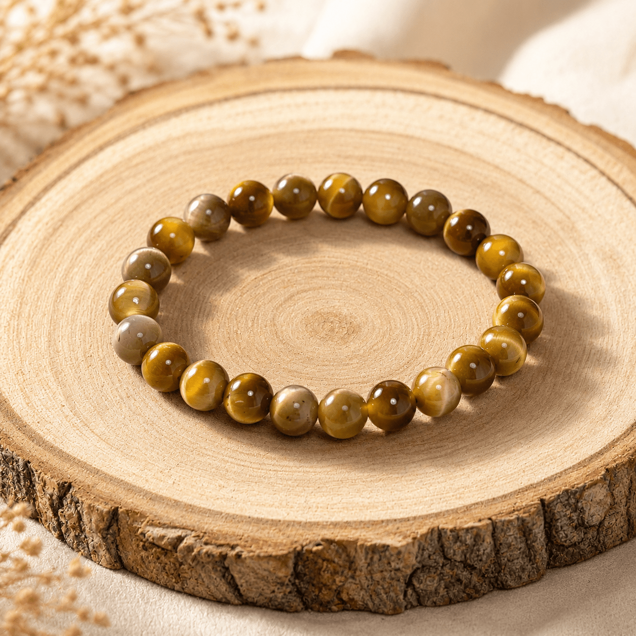 Bracelet boule Œil de Tigre Dorée – pierre naturelle de protection, confiance en soi et courage