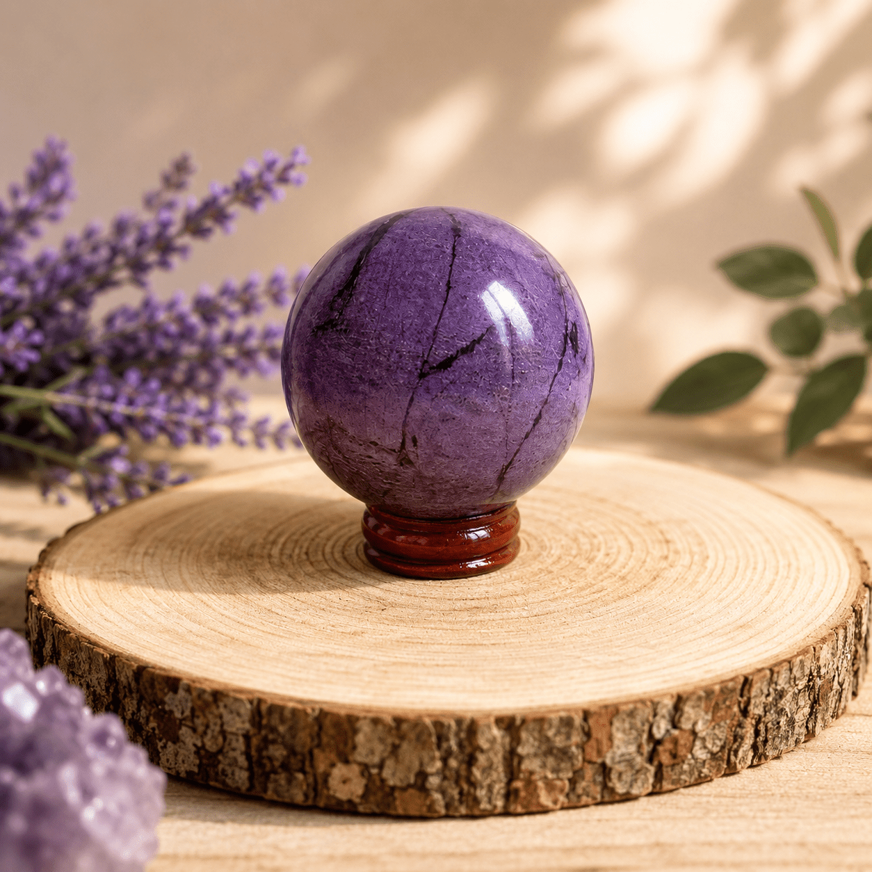 Sphère en Stichtite sur Serpentine naturelle polie, pierre violette de lithothérapie présentée sur un support en bois – idéale pour la sérénité, l'équilibre émotionnel et la décoration minérale – Esotérisme by William Wood.