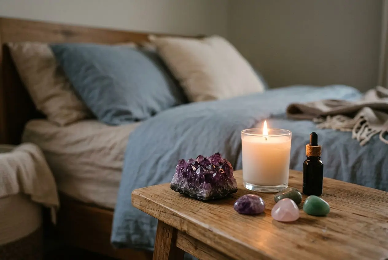 Ambiance zen au lit avec bougie, améthyste et pierre gemme posées sur une table en bois, symboles de lithothérapie et insomnie pour favoriser le sommeil.