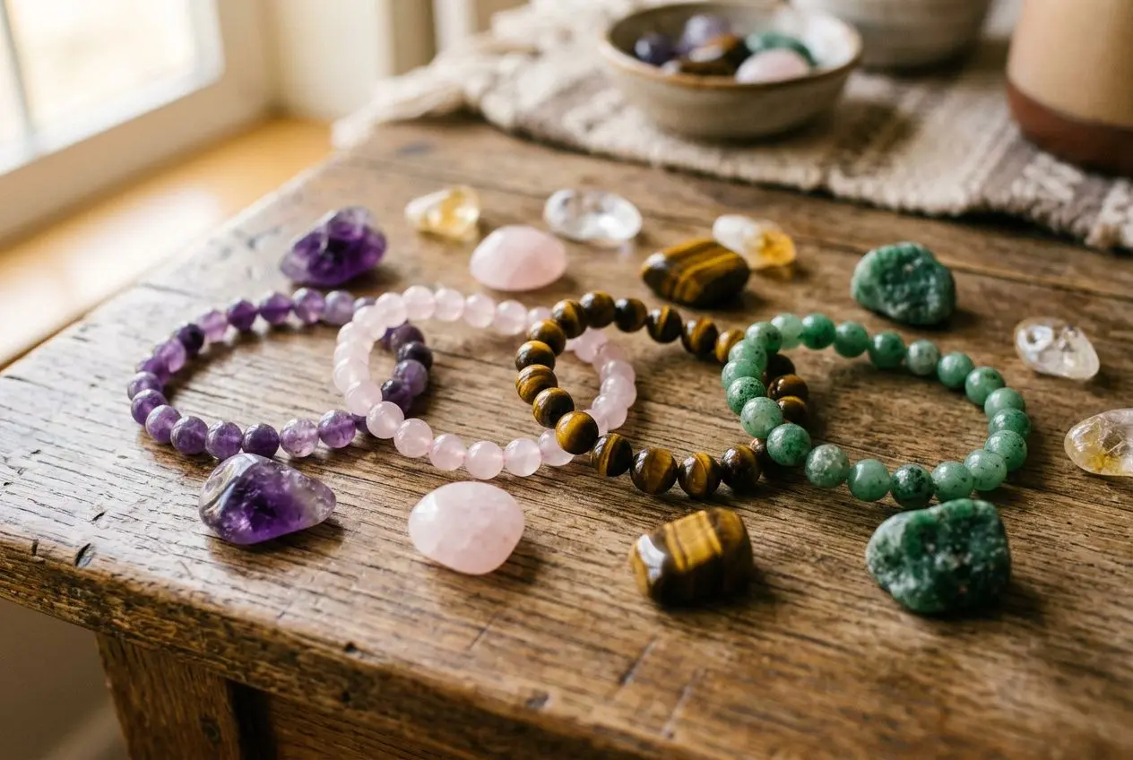Bracelets de pierres naturelles multicolores sur une table en bois, entourés de pierres semi-précieuses dans un cadre lumineux. peut on porter plusieurs pierres ensemble intégré naturellement.