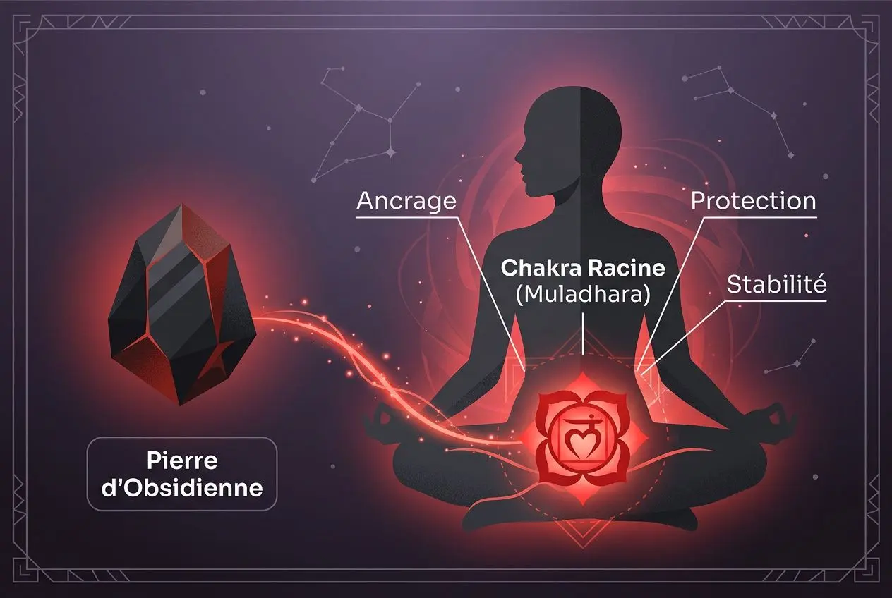 Chakra racine surmonté par une pierre d’obsidienne, illustration de l’ancrage, protection et stabilité avec le texte « Pier­re d’Obsidienne ». Incorporer les erreurs avec l'obsidienne noire comme thème.