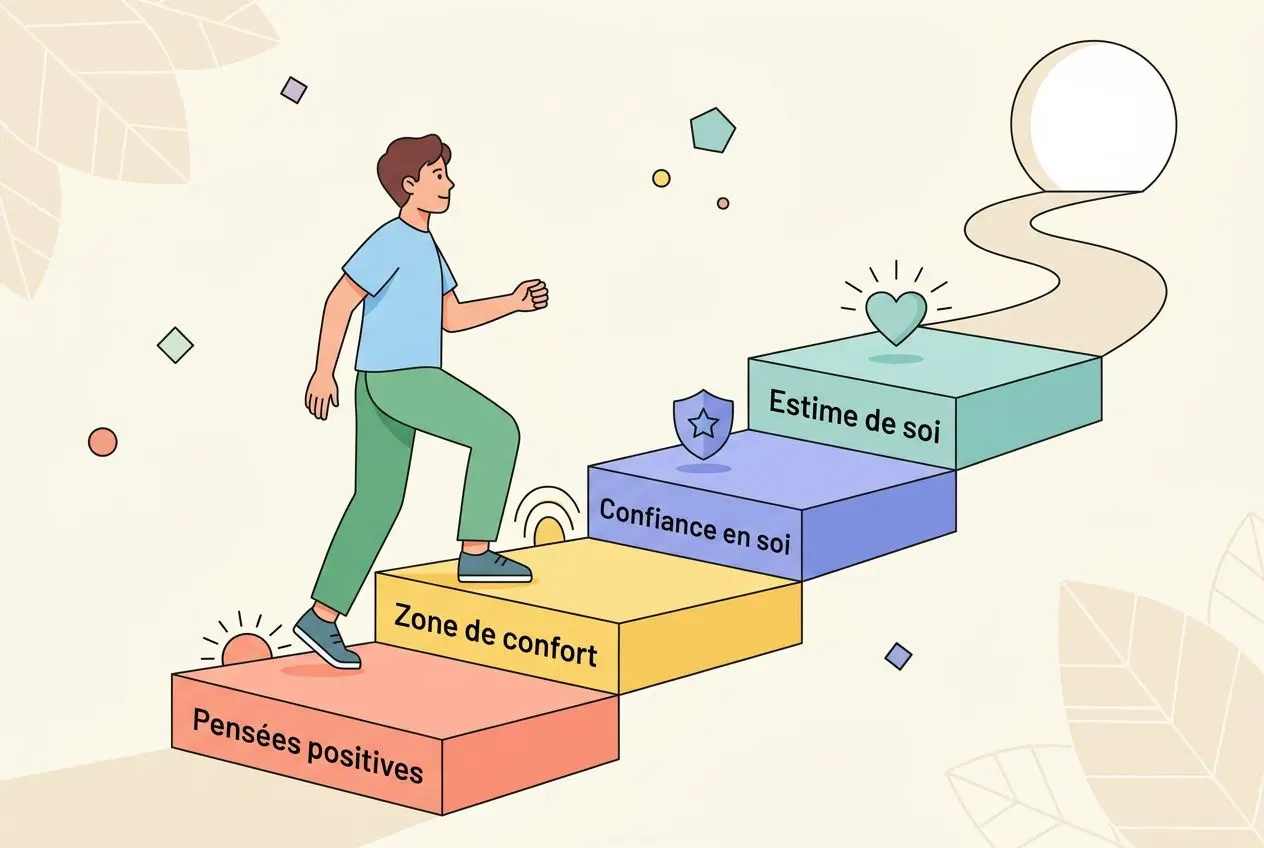 Chemin illustré vers l’estime de soi : pensées positives, zone de confort et confiance en soi, guidant l’acteur vers pourquoi je manque de confiance ? et l’estime de soi.