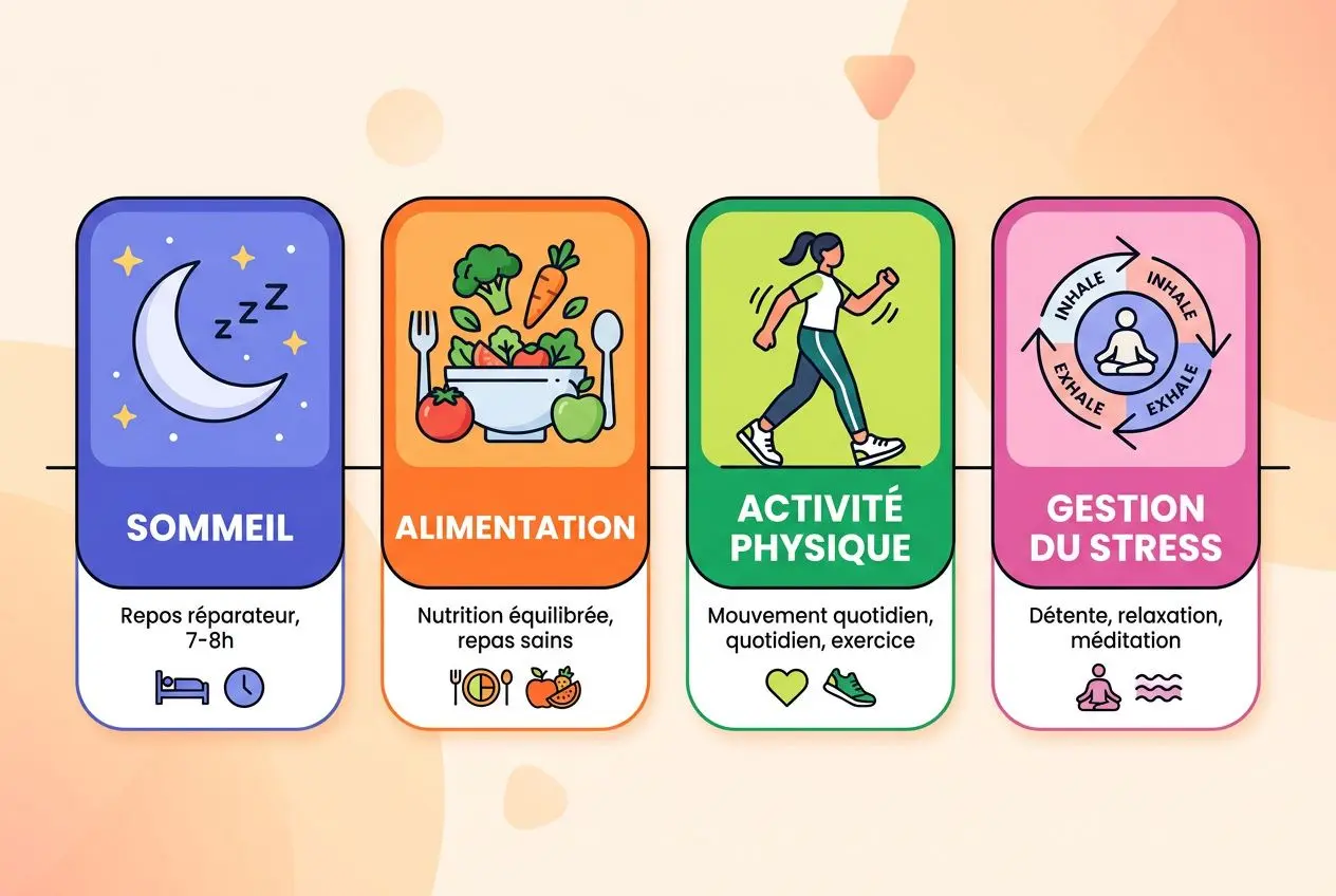 Diagramme illustrant quatre éléments pour lutter contre la fatigue: Sommeil, alimentation, activité physique et gestion du stress, chacun avec icônes et conseils bi-quotidiens. pourquoi je suis toujours fatigué ?