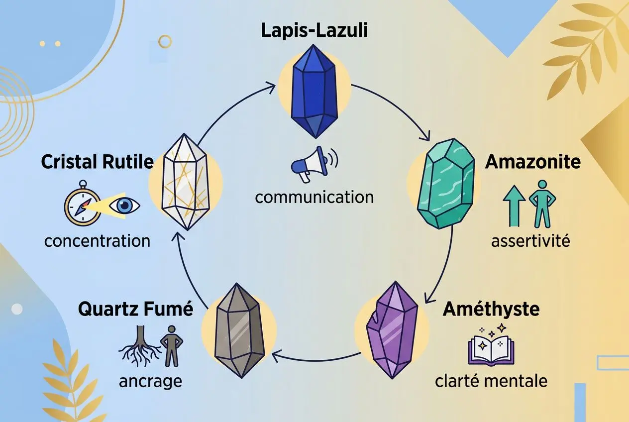 Diagramme montrant une roue des pierres: Lapis-Lazuli, Améthyste, Quartz Fumé, Quartz, Cristal Rutile, Amazonite, avec flèches et mots clés tels que communication, assertivité, clarté mentale, concentration, anchage et étiquette. Intègre la phrase clé: quelle pierre pour réussir ses projets.