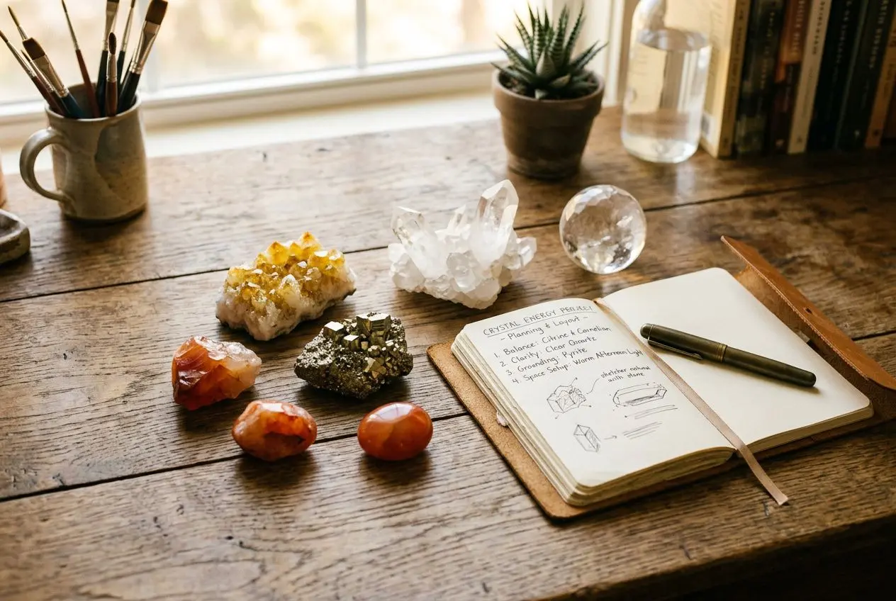 Différents cristaux posés sur une table en bois près d’un carnet ouvert et d’un stylo, ambiance atelier de lithothérapie pour accompagner des projets. quelle pierre pour réussir ses projets.