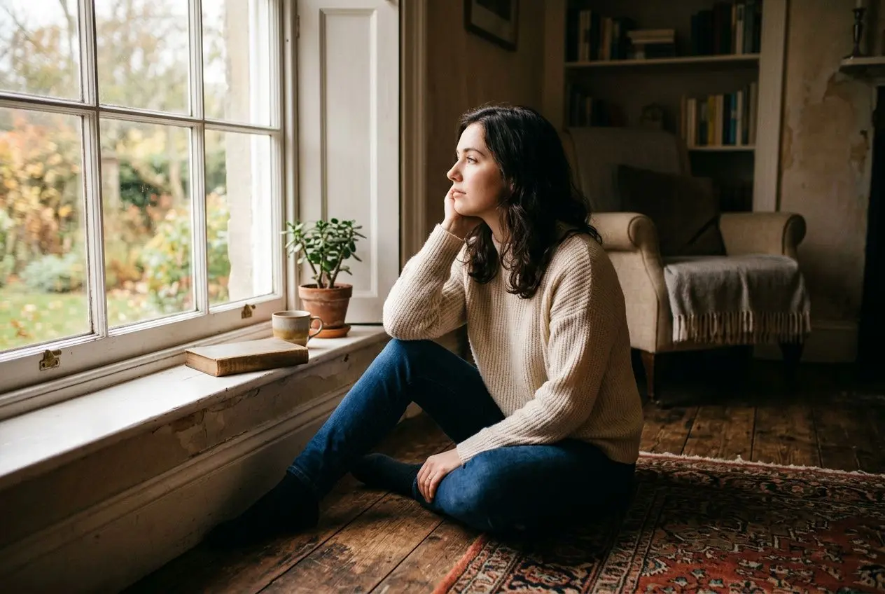 Femme assise près d'une grande fenêtre, regard pensif vers l'extérieur, pull beige et jeans bleus, ambiance cosy et calme. pourquoi je manque de confiance ?