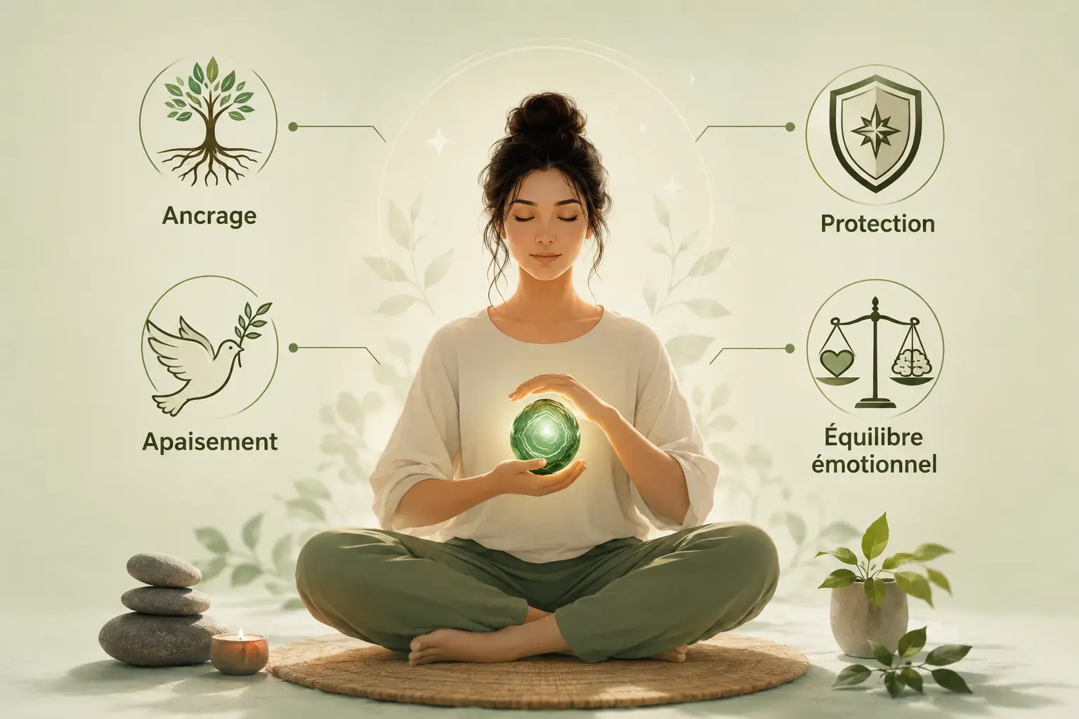 Une femme détendue en position de méditation tient une pierre lumineuse verte dans ses mains, entourée de symboles: Ancrage, Protection, Apaisement, Équilibre émotionnel. Une femme détendue en position de méditation tient une pierre lumineuse verte dans ses mains, entourée de symboles: Ancrage, Protection, Apaisement, Équilibre émotionnel.