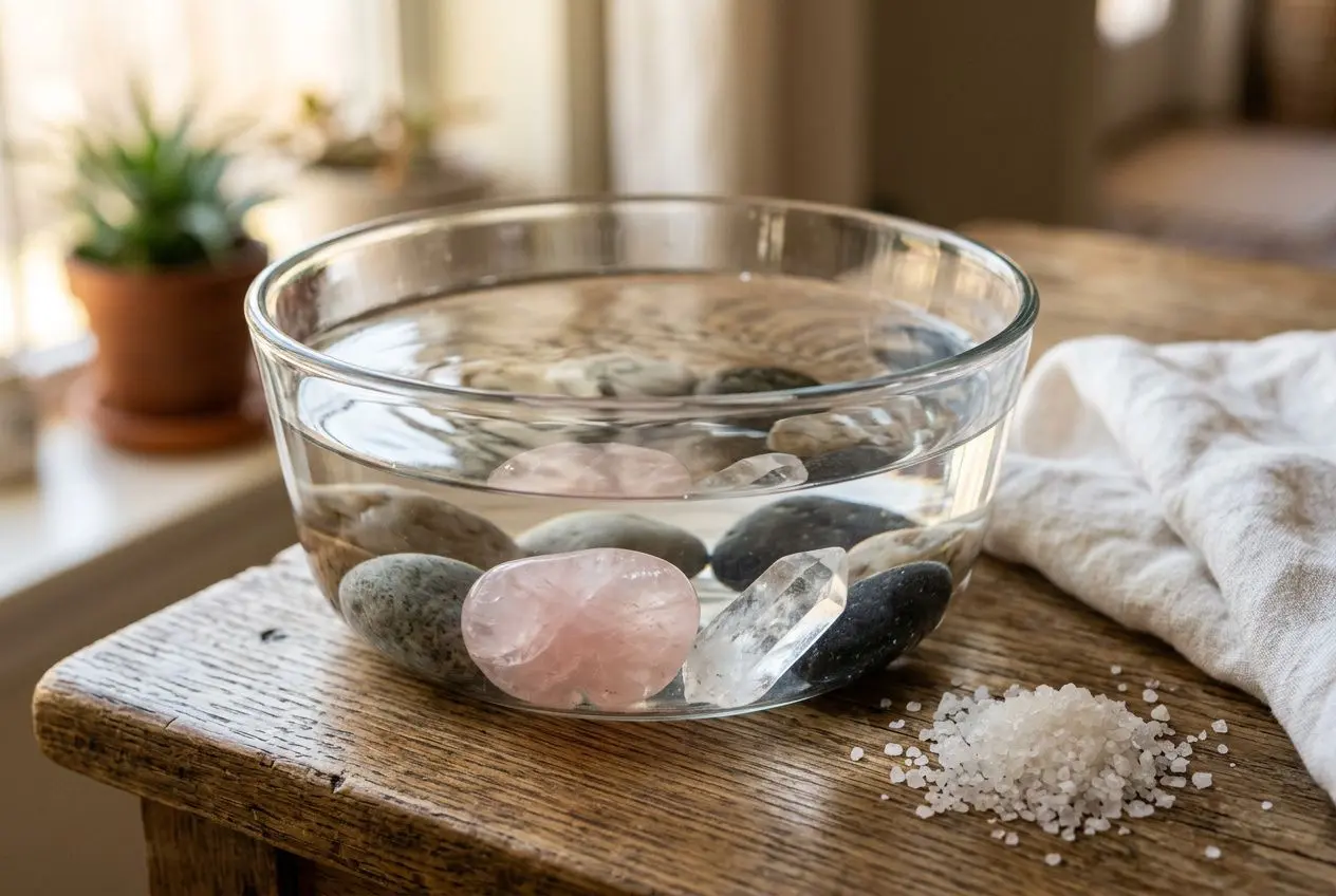 Graviers et pierres polies dans un bol d’eau, sels marins à côté. Alt text: pierres en quartz et rose quartz sous lumière naturelle, sans soleil direct, pour purification et recharge lithothérapie. Utilisation douce de la lune et fumigation possible.