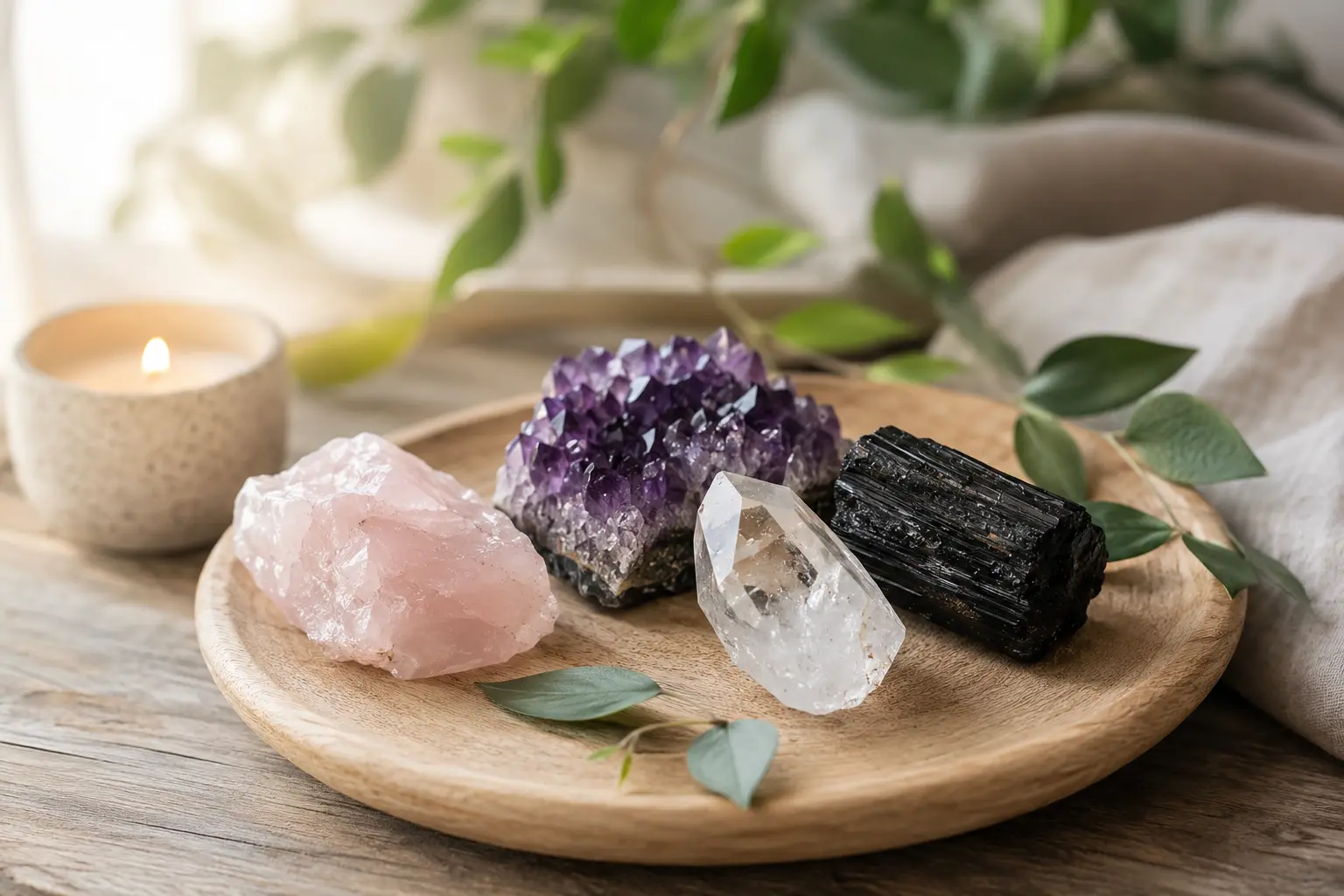 Groupe de pierres naturelles sur une planche en bois: quartz rose, améthyste, pierre brute transparente et tourmaline noire, ambiance douce et chaleureuse avec bougie et feuillage. Groupe de pierres naturelles sur une planche en bois: quartz rose, améthyste, pierre brute transparente et tourmaline noire, ambiance douce et chaleureuse avec bougie et feuillage.