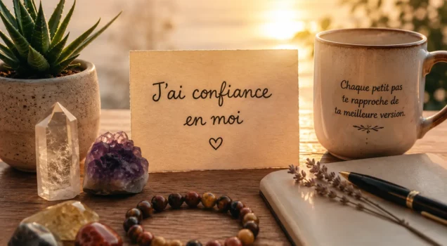 "Pierres naturelles pour la confiance en soi avec bracelet œil de tigre, améthyste et cristal de roche dans une ambiance zen et inspirante".