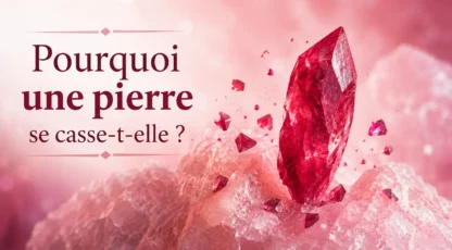 Pyramide et éclats d’une pierre rouge éclatante sur un fond rose, avec le texte “Pourquoi une pierre se casse-t-elle ?”