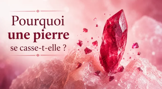 Pyramide et éclats d’une pierre rouge éclatante sur un fond rose, avec le texte “Pourquoi une pierre se casse-t-elle ?”