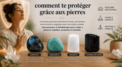 Comment te protéger grâce aux pierres: améthyste, larvikite, amazonite et tourmaline noire exposées sur une table avec une femme en arrière-plan.